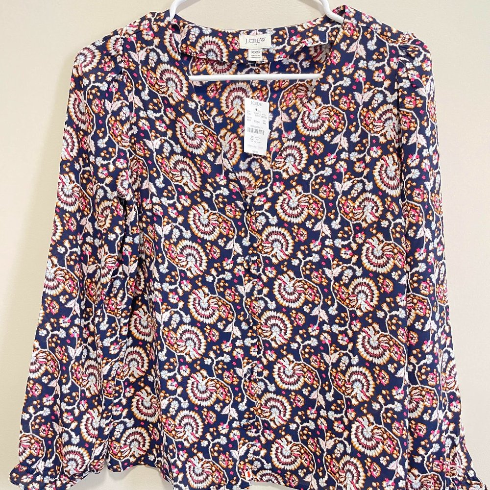 J. Crew Button-up Seashell Blouse, Navy/Multicolor, Size XXS